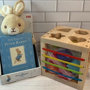 Peter Rabbit Plush Toy & Wooden Shape Sorter Set - Cream Plush with Blue Book